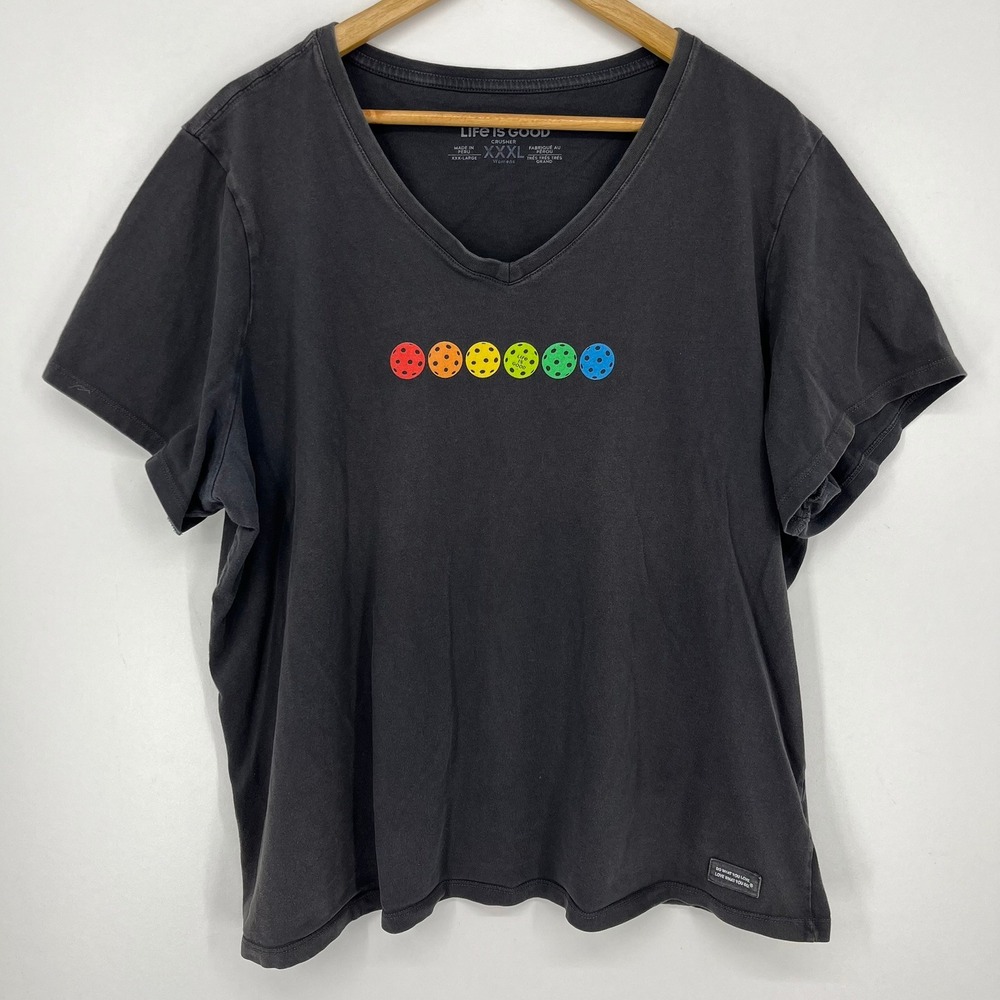 Life Is Good Womens XXXL Black Crusher V-Neck Rainbow Pickleball Graphic T-Shirt